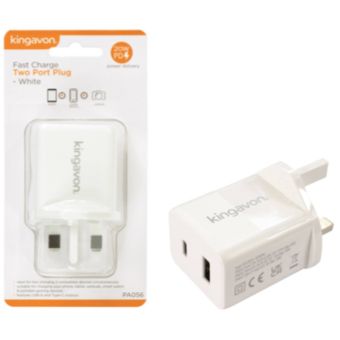 Kingavon Fast Charge Dual Port Plug – 20W USB-A & USB-C Wall Charger I White