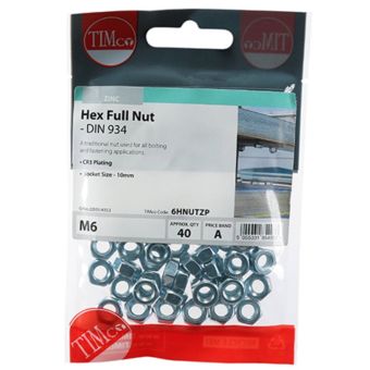 Timco M6 Hex Full Nuts Zinc Plated – Pack of 40 Metric Hex Nuts