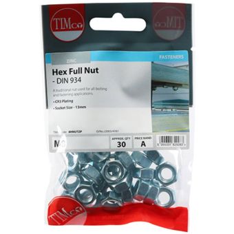 Timco M8 Hex Full Nuts Zinc Plated – Pack of 30 Metric Hex Nuts