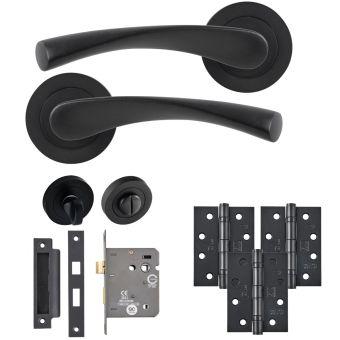 Monza WC Bathroom Door Handle Pack Black – Lever on Rose Set with Lock, Hinges & Thumb turn