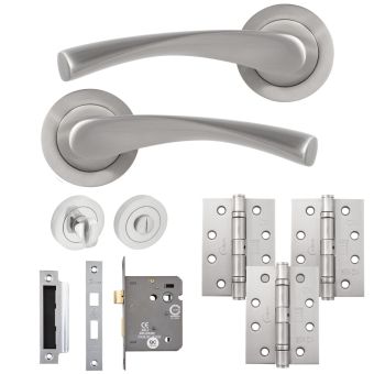 Monza WC Bathroom Door Handle Pack Satin Nickel – Lever on Rose Set with Lock, Thumb turn & Hinges