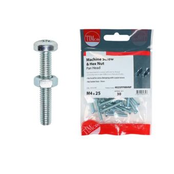 Timco M4 X 12 Zinc PZ Pan Machine Screw & Nut - Pack Of 40
