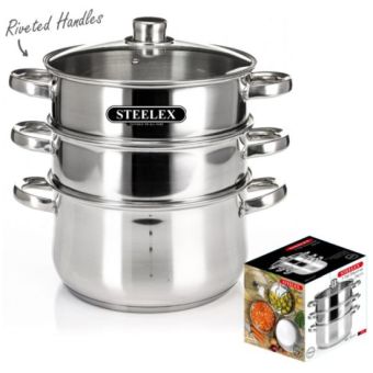 Steelex 3 Tier Stainless Steel Steamer 18cm I Induction Base Steaming Pot with Bakelite Handles and Lid