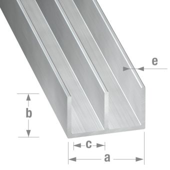 Raw Aluminium Double U-profile - 16mm x 10mm x 6mm x 1.3mm x 2m