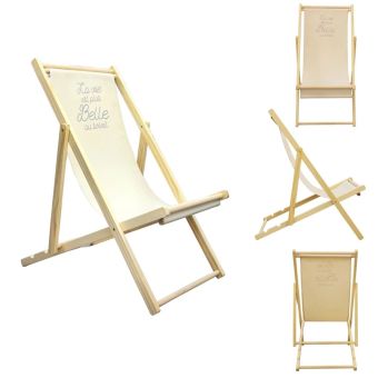 Retro Style Beige Deck Chair with La Vie Est Belle Print – Folding Wooden Frame Garden Lounger