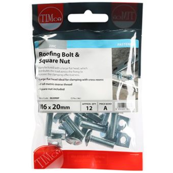 Timco Roofing Bolts & Square Nuts Zinc Plated M6 x 20 – Pack of 12