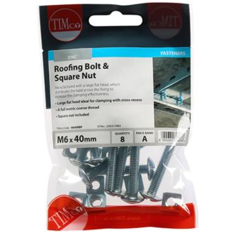 Timco Roofing Bolts & Square Nuts Zinc Plated M6 x 40 – Pack of 8