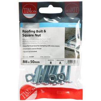 Timco Roofing Bolts & Square Nuts Zinc Plated M6 x 50 – Pack of 8