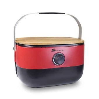 Sahara Mini-BBQ Portable Gas Grill with Cast Iron Cooking Plate and Wooden Lid – Compact Outdoor Barbecue, Red