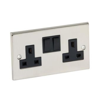 13 amp Double Pole Switched Twin Socket Satin Chrome Black Inserts