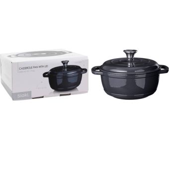 Siaki 22cm Cast Iron Casserole Pan with Lid 2.4L Grey Oven Safe Dish