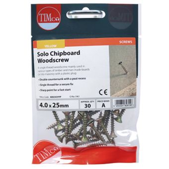 TIMco Solo Chipboard Woodscrews 4.0 x 25mm PZ2 Yellow Zinc I Pack 30