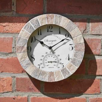 Stonegate Outdoor Wall Clock with Thermometer and Quartz Movement for Garden and Home Use 10 Inch