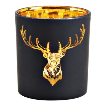 Glass Deer Tea Light Holder - Black & Gold - 7 x 8 x 7cm