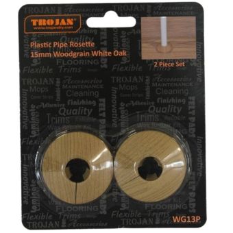 Trojan Plastic Pipe Rosettes Woodgrain White Oak 15mm - Pack of 2 | Neat Finish Around Radiator Pipes