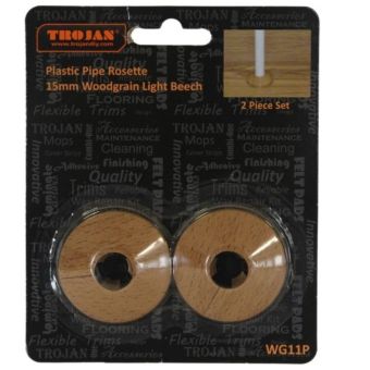 Trojan Plastic Pipe Rosettes Woodgrain Light Beech 15mm - Pack of 2 | Neat Finish for Pipework