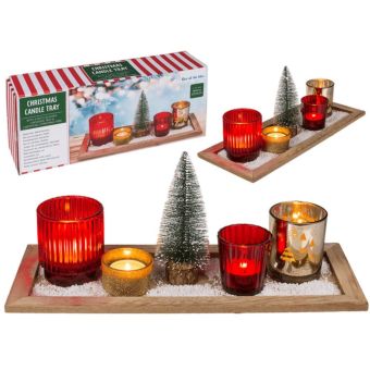 Christmas Candle Holder Set with 4 Decorative Glasses and Wooden Tray – Festive Tealight Display