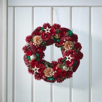 Festive Fir Wreath 36cm – Rustic Christmas Wreath with Pinecones and Floral Accents