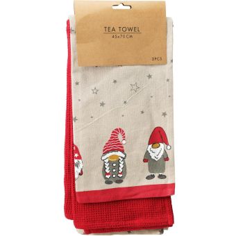 Christmas Elf Design Cotton Tea Towel Set – 2-Piece Festive Kitchen Towels I 45 x 70cm