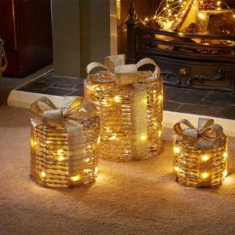 GlitterTwist Gold Gift Boxes Set of 3 – Light Up Christmas Decoration with Ribbon Detail