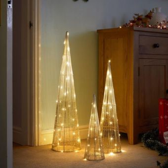 Gold Sparkly TreeBelisk Set of 3 – Light Up Christmas Obelisk Decorations with 90 LEDs