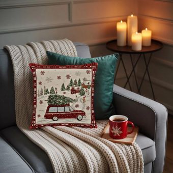 Christmas Car Pillowcase – 45 x 45 cm Beige & Red Textile with Zipper