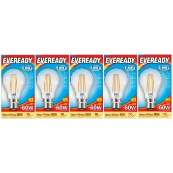 Eveready 6.5W B22 LED Clear Filament GLS Bulbs 806 Lumens Warm White Equivalent to 60W I Pack of 5