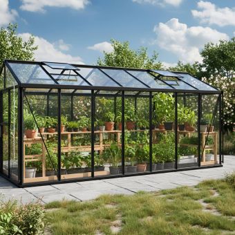 The 8ft x 15ft Black finish with 4mm float glass sides & 10mm polycarbonate roof