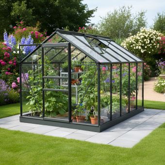 Vitavia Venus 6200 Greenhouse 6x10 Black | 3mm Toughened Glass, 2 Roof Vents, Sliding Door & Built-In Gutters