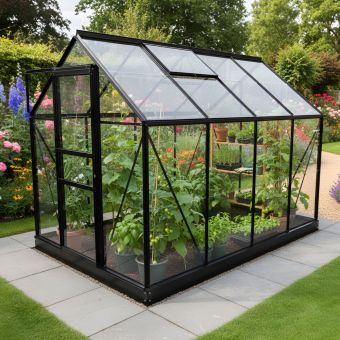 Vitavia Venus 5000 Greenhouse 6x8 Black | 3mm Horticultural Glass, Roof Vent, Sliding Door & Built-In Gutters