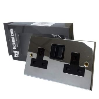 CED Polished Chrome 13A Black Twin Switched Socket