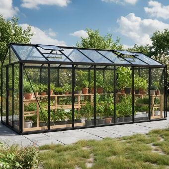 Zeus 11900 Greenhouse Black Frame with Tough Glass Sides & Polycarbonate Roof 8ft x 15ft | Semi-Professional Hobby Greenhouse
