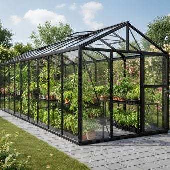 A Range of Zeus 15700 Greenhouse Black Frame with Tough Glass Sides & 10mm Polycarbonate Roof 8ft x 20ft | Semi-Professional Hobby Greenhouse At Lenehans with next day delivery nationwide
