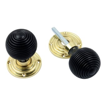 Ebony Reeded Rim/Mortice Knob (Unsprung) - Polished Brass Rose