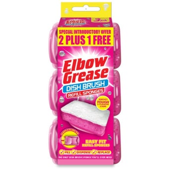 Elbow Grease Pink Dish Brush Refill Sponges 3 Pack | Easy Fit Refills, Removes Tough Stains