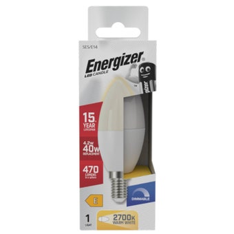 Energizer LED Candle Bulb E14 4.2W (40W Equivalent) 470 Lumens Warm White 2700K – Dimmable