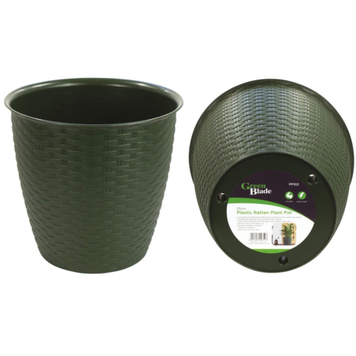 Green Blade Plastic Rattan Plant Pot with Drainage Holes 25cm – Durable Weather-Resistant Indoor Outdoor Planter
