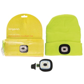 Kingavon USB Rechargeable LED Headlight Hat – Yellow Hands-Free Lighting with a Warm, Comfortable Beanie Design