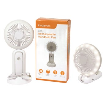 Kingavon LED Rechargeable Handheld Fan with 3 Speed Settings and Folding Desktop Stand