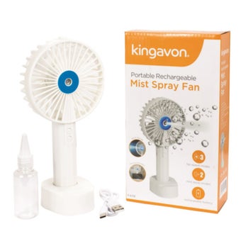 Kingavon Rechargeable Portable Mist Spray Fan with 3 Speeds and Removable Stand with Phone Holder