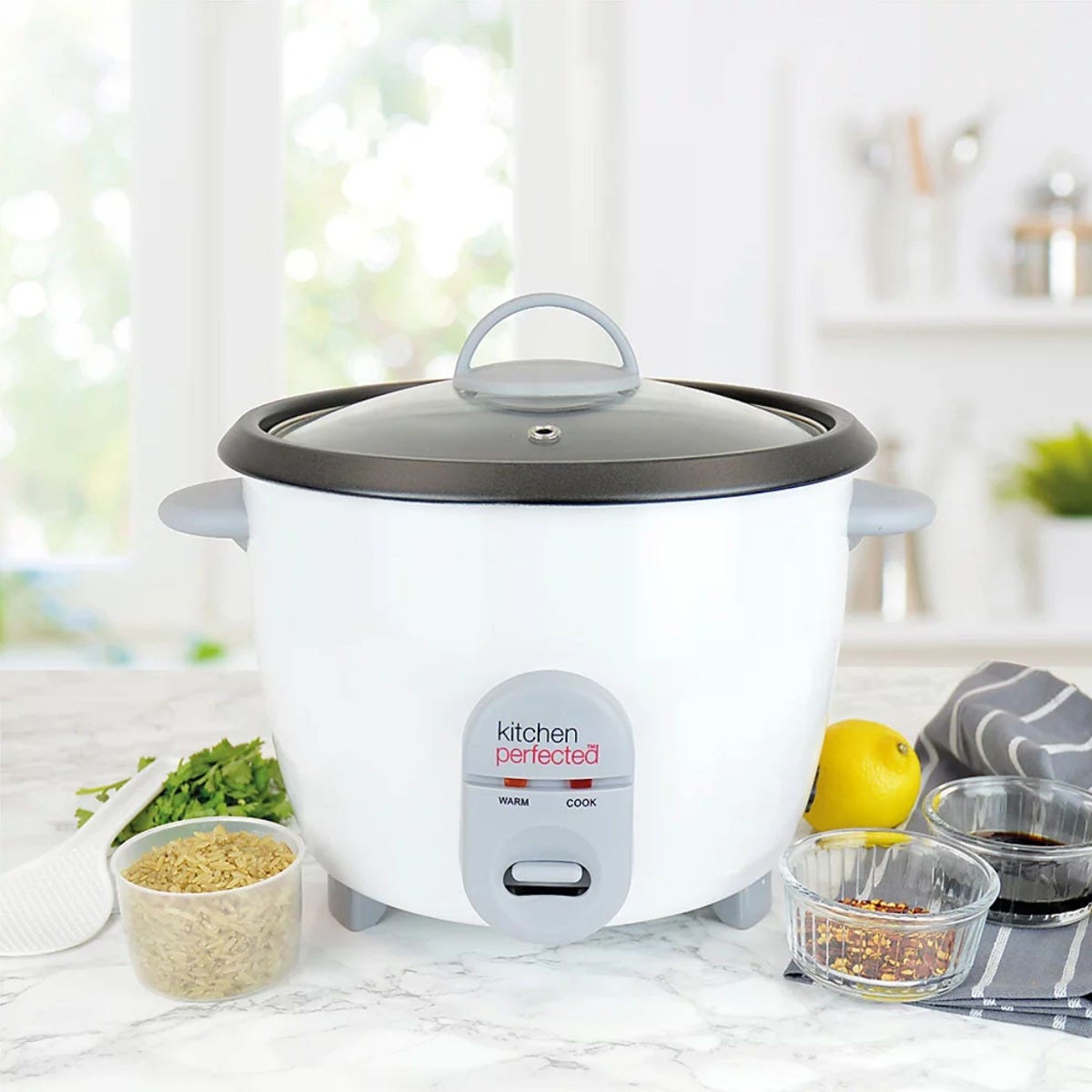Kitchen Perfected 700W 1.8 Litre Automatic Rice Cooker with Keep Warm Function Non Stick Bowl and Measuring Cup White

