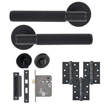 Knurled Lever on Rose WC Door Pack Matt Black – Complete Bathroom Door Handle Set