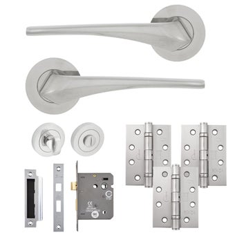 Lanza Lever on Rose WC Bathroom Door Pack Satin Nickel – Complete Bathroom Door Handle Set