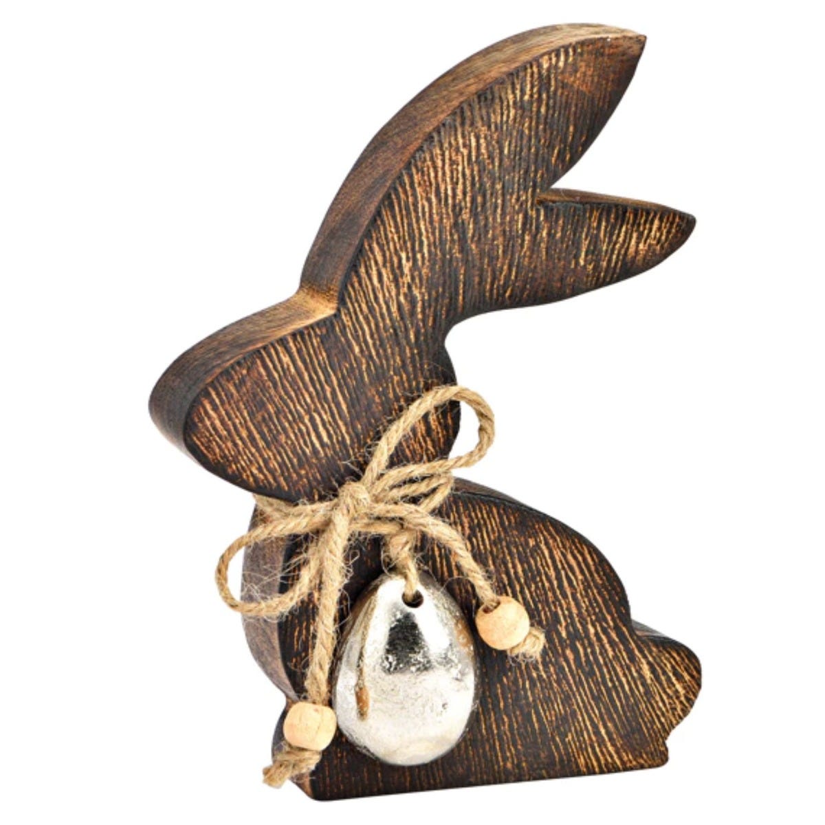 Mango Wood Rabbit with Metal Egg - 12x15x2cm Decorative Figurine for Home Accent and Rustic Decor




