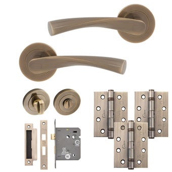 Monza Lever on Rose WC Bathroom Door Pack Antique Bronze – Complete Bathroom Handle Set