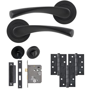 Monza WC Bathroom Door Handle Pack Black – Lever on Rose Set with Lock, Hinges & Thumb turn