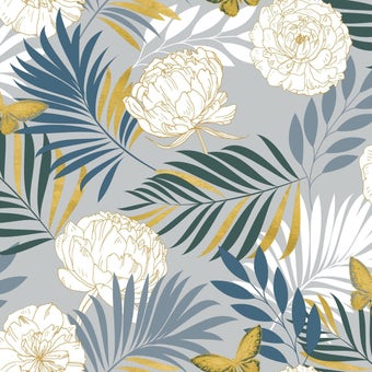 Navy & Gold Exotic Flowers Tablecloth - Price per Metre
