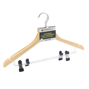Orwell Wooden Coat Hangers with Metal Drop Bar & Soft Grip Clips 2 Pack | Grade A Wood, Swivel Hook and Notches