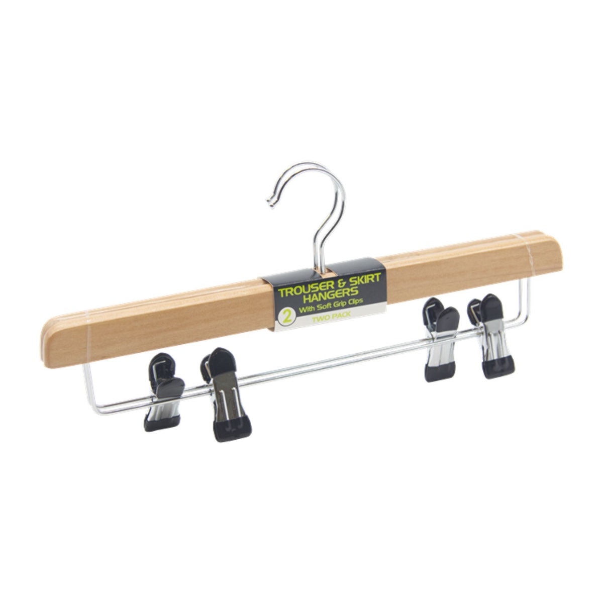 Orwell Wooden Trouser & Skirt Hangers 2 Pack | Soft Grip Clips, Metal Drop Bar and Swivel Hook