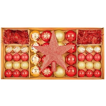 Red Glitter Effect Shatterproof Christmas Bauble Set – 60mm Round Multi-Finish Ornaments I Pack of 50